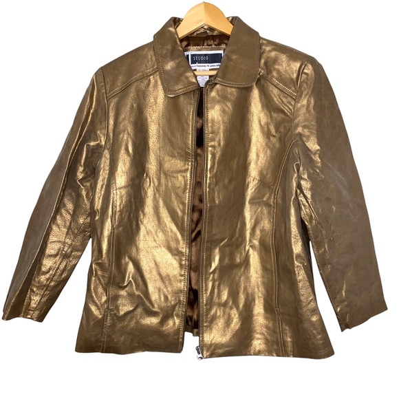 JL Studio Jessica London Gold Bronze Leather Jacket Size 14W - Picture 6 of 6